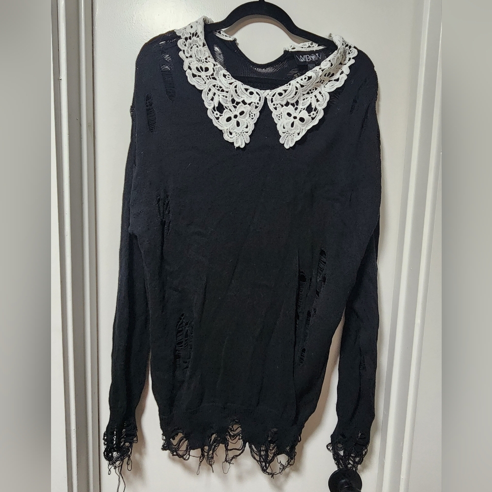 Dolls Kill Black Distressed Sweater w/ White Collar
